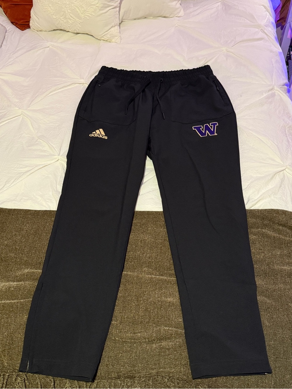 Adidas Black Straight Leg Joggers with Purple 'W' and Gold Logo
